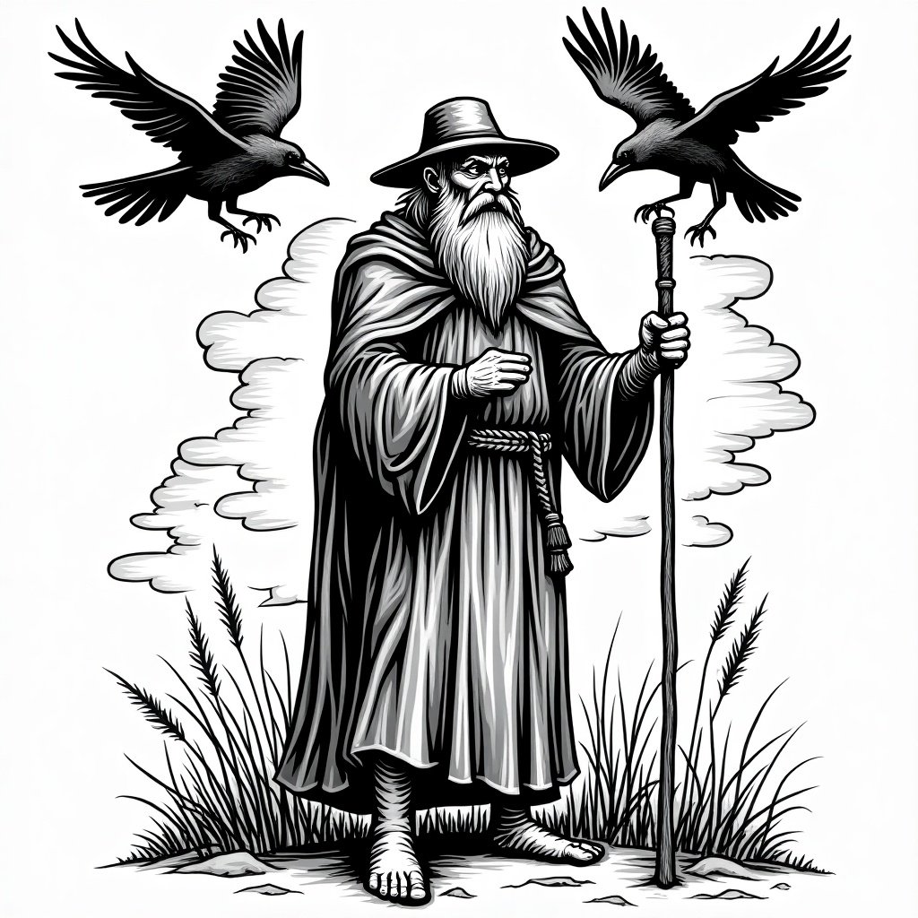 Image of Odinn depicted as an elder one-eyed wanderer in a woodcut medieval style. He stands in a natural monochrome setting, wearing a hat and holding a quarter-staff. Two ravens fly above him. The clothes are simple robes reflecting the medieval era. The background has stylized clouds and grass.