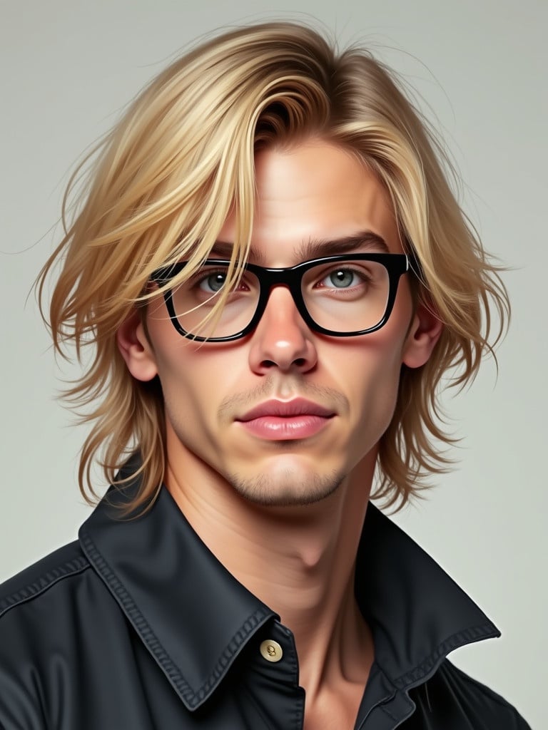 Portrait of a man with long blonde fringe split in the middle. Wearing glasses and looking around 25 years old. Hair is styled with a modern look.