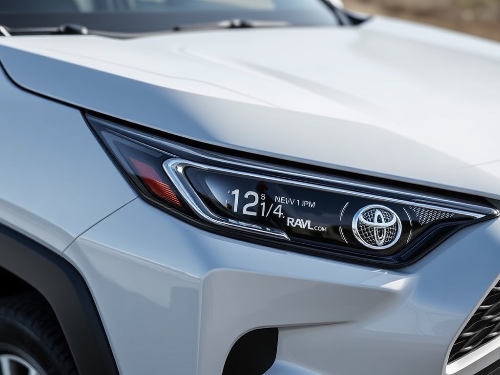 The image showcases a close-up of a car's headlight, prominently featuring the Toyota logo. This headlight design includes digital elements displayed within, such as numbers and text, suggesting a futuristic integration of technology into vehicle lighting systems. The sleek and shiny surface of the car body is visible, reflecting a modern aesthetic.