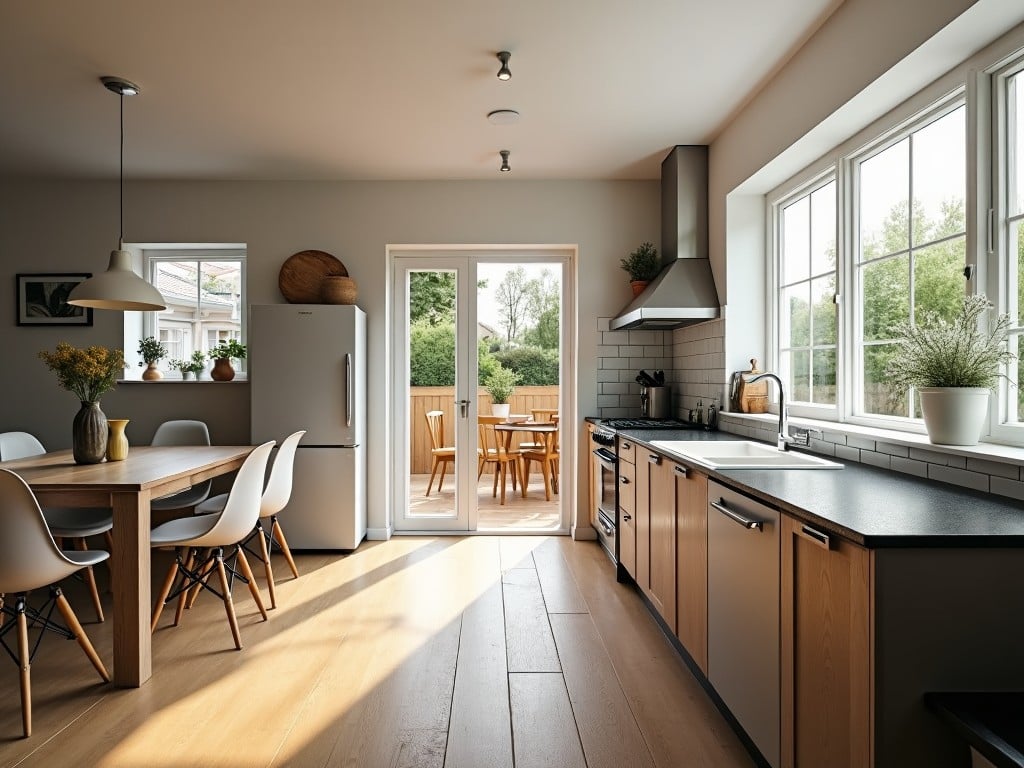 The image showcases a modern kitchen integrated with a dining area. It features two large windows on the right side which let in ample natural light, creating a warm and inviting atmosphere. A door opens to a patio where outdoor furniture is visible. The kitchen is equipped with essential appliances like a fridge, stove, and sink positioned near the window. The dining table, surrounded by elegant chairs, serves as the focal point. The overall design emphasizes simplicity and functionality.