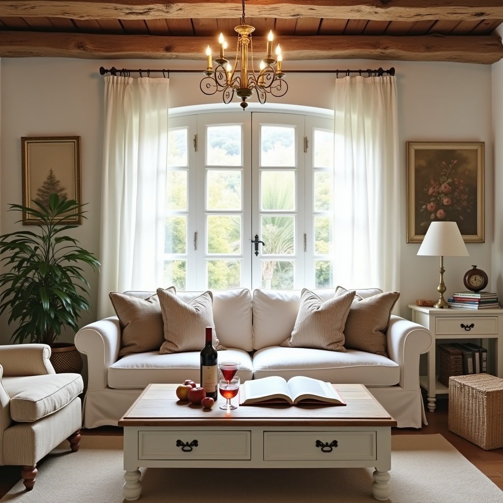 A well-decorated living room with a Provence vintage and elegant design. Natural light comes through a large window with white curtains. Features a white sofa with beige and brown cushions, a matching striped armchair, and a wooden coffee table. Table displays an open book, a bottle of wine, a glass, and two apples. Includes a side table with a lamp and a bookshelf. Wooden beams on the ceiling create a cozy ambiance and a brass chandelier enhances elegance. The atmosphere is warm and inviting.