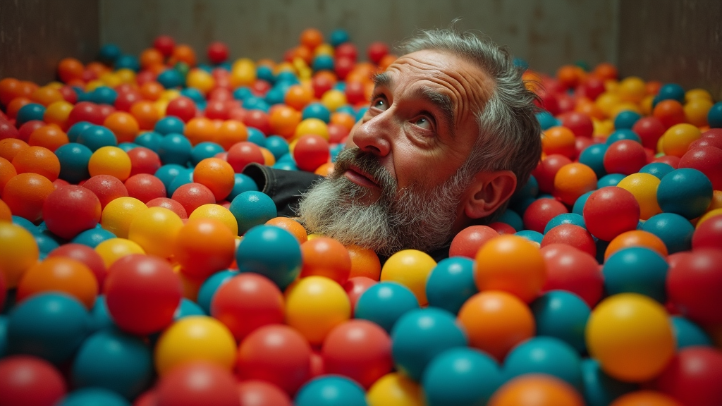 An elderly man with a beard is surrounded by colorful balls, appearing thoughtful.