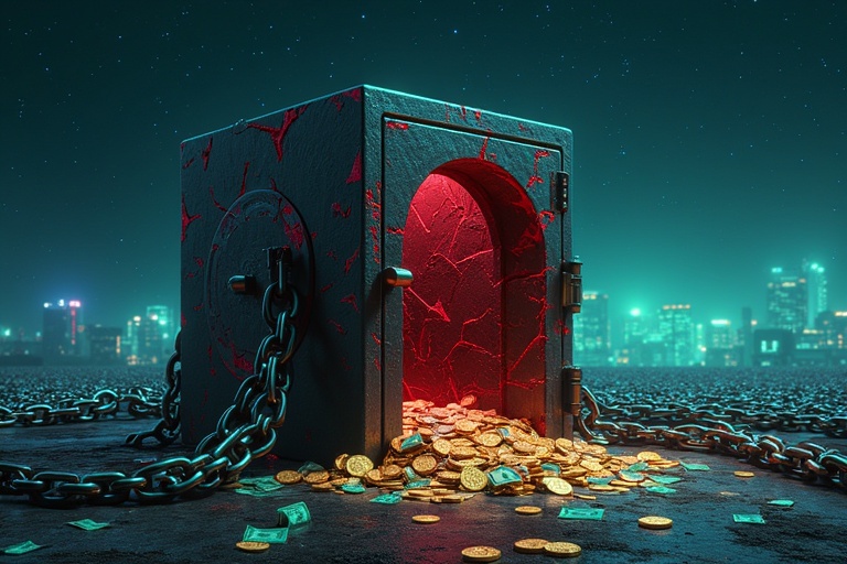 A bank vault with red cracks on the exterior. The vault is spilling gold coins and dollar bills. Surround the vault with glowing blue and green crumbling chains. The scene features a dark starry sky. A faint city skyline is in the background. The style combines realism with digital art.