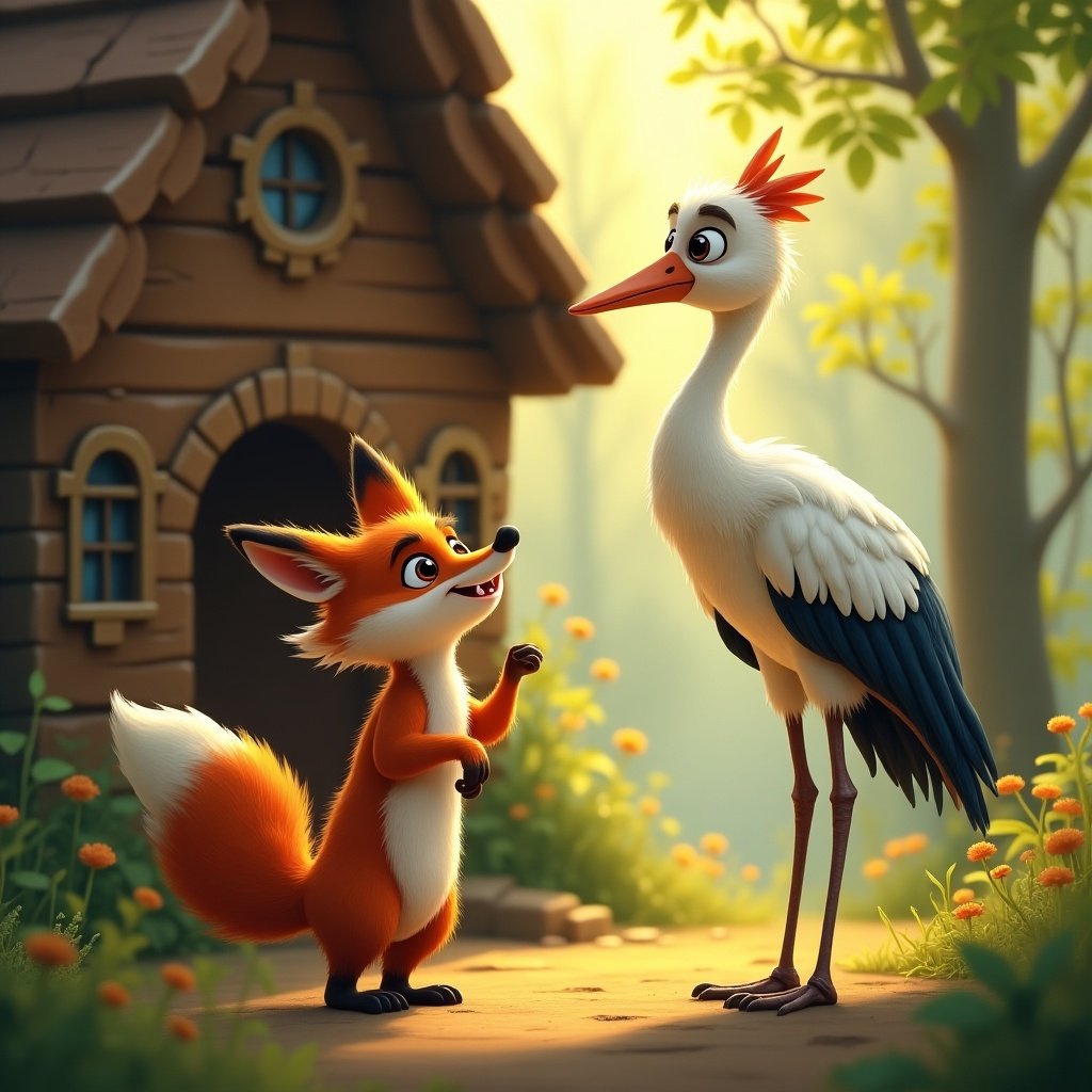 In a magical woodland setting, a sly fox stands in front of a cozy wooden home. The fox is inviting a tall stork to dinner. The stork looks curious and intrigued. The scene has lush trees and warm sunlight filtering through. It captures the contrast between the fox and the stork.