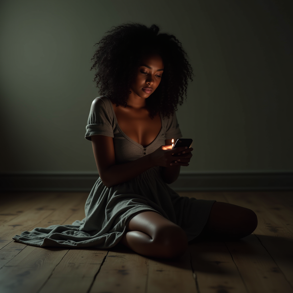 A person sits on a wooden floor, focused on their phone screen in a dimly lit room.