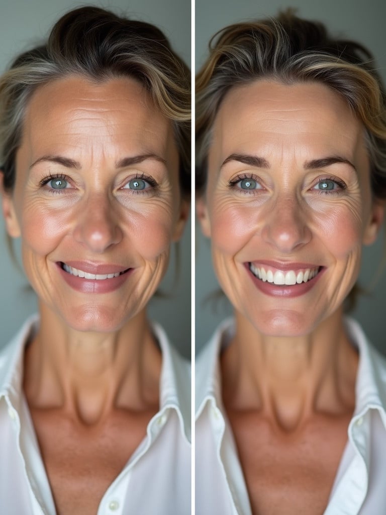 Before and after showcasing a mature woman. The first image shows a neutral expression and wrinkles. The second image shows a smiling woman with fewer wrinkles.