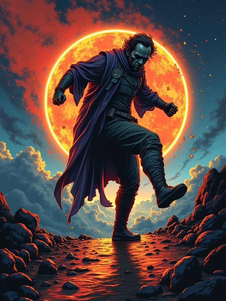 A heroic figure in a dramatic pose. The figure is backlit by an enormous orange moon. Clouds and rocks create an atmospheric setting. The figure wears a flowing cloak and boots. The scene suggests adventure and epic storytelling.