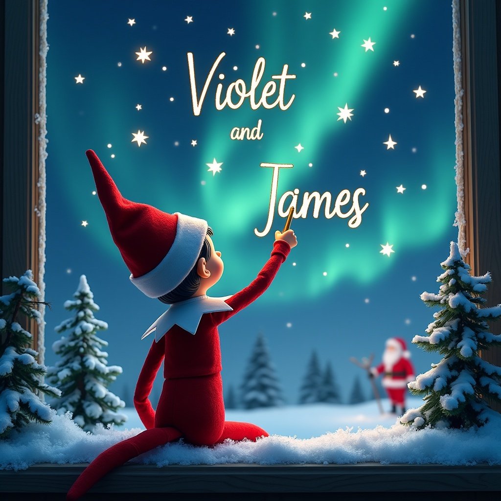 This image features an elf on the shelf with its back to the viewer, facing a magical winter night sky. The elf, in a classic red outfit, uses a wand to write the names 'Violet' and 'James' in elegant script among the twinkling stars. The background showcases the breathtaking northern lights, adding a mystical glow to the scene. Snow-covered trees surround the elf, enhancing the winter atmosphere. In the distance, a silhouette of Santa can be seen, emphasizing the Christmas theme and joy.