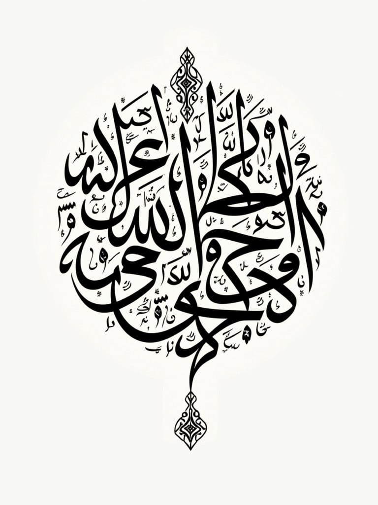 Handwritten Arabic calligraphy features names in a circular format. The phrase Rabbi habli minas salihin is elegantly crafted.