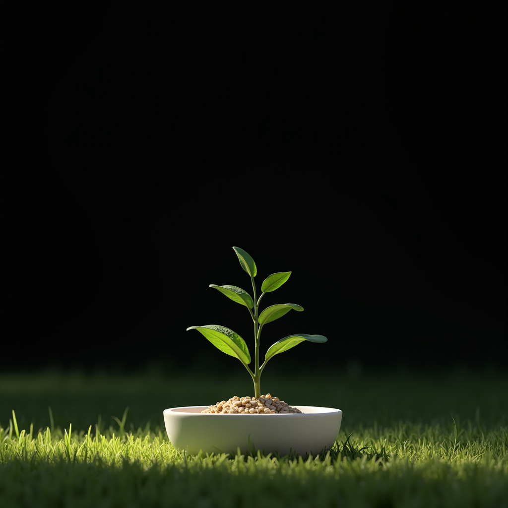 A sapling grows in a white bowl filled with pebbles, set against a dark background with hints of grass below.