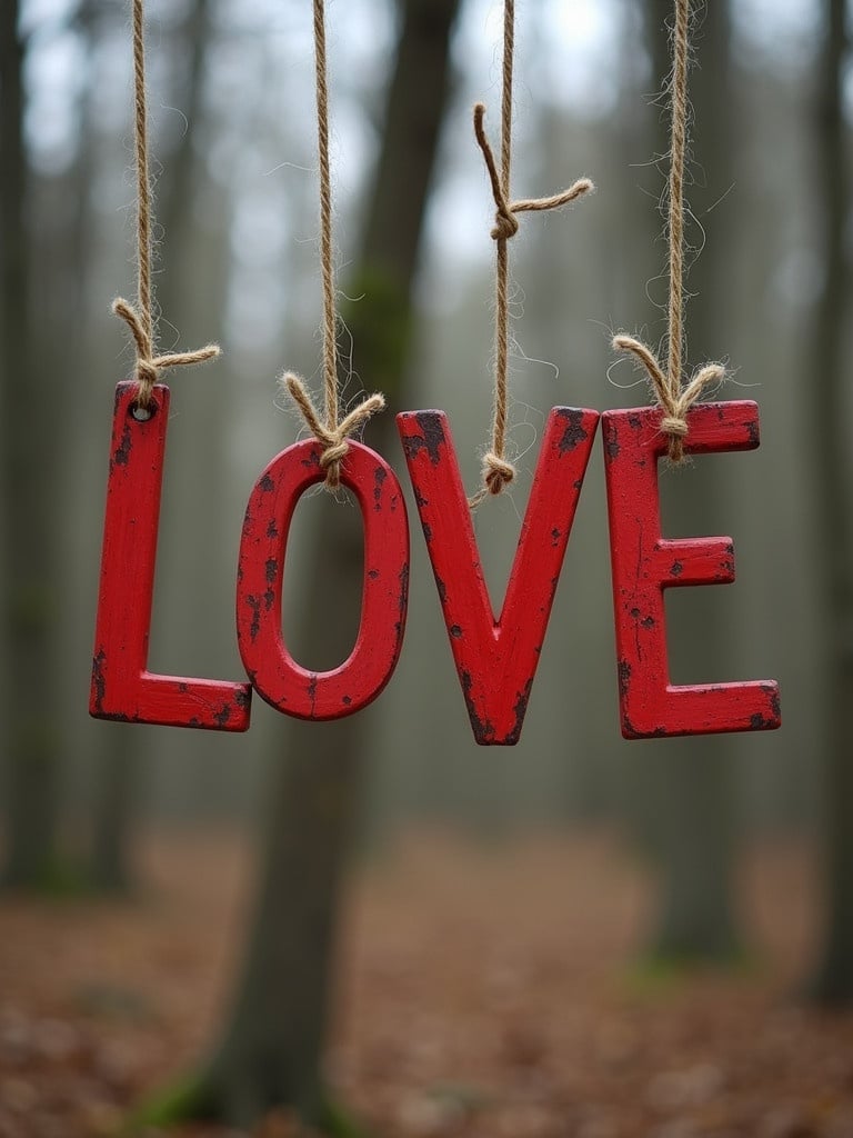 The image shows the word 'LOVE' made of bold letters hanging in a forest. Each letter is in worn-out, rustic red color. They are suspended by pieces of twine. The background has blurred trees creating a peaceful scene. The letters are a focal point with an artistic and romantic feel.