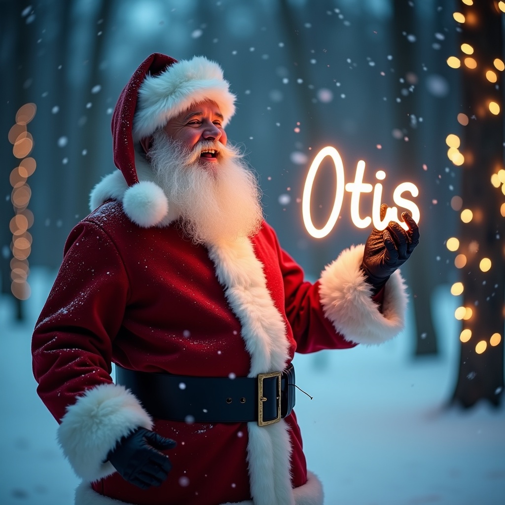 This enchanting image captures Santa Claus in a snowy forest during Christmas time. He is joyfully using a glow stick to write the name 'Otis' in the air. The scene is filled with soft falling snowflakes, creating a magical atmosphere. Warm lights from nearby trees add to the festive spirit, making the environment feel inviting and cheerful. Santa's outfit is traditional, featuring a bright red coat with white fur trim and a black belt. His joyful expression radiates holiday cheer, making this image perfect for Christmas celebrations.