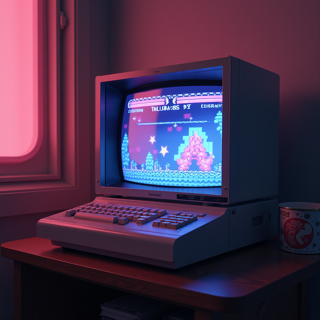 A vintage computer displaying a retro video game screen, bathed in pink and blue light beside a soft drink can.