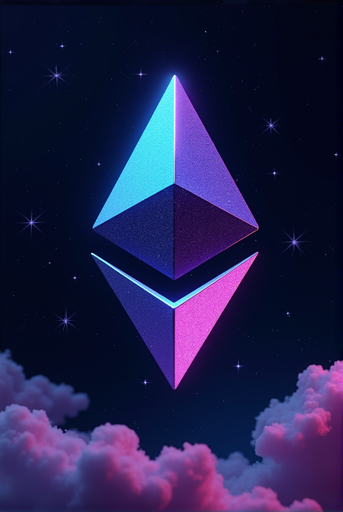 A stylized Ethereum logo glows in shades of blue and purple against a starry night sky with clouds.