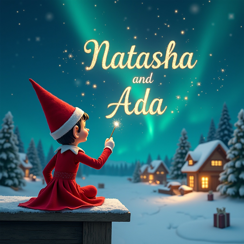 An elf sits on a wooden ledge with its back to the camera, gazing at a magical sky. The elf, dressed in a red outfit with a pointed hat, holds a sparkling wand. With the wand, the elf elegantly writes the names 'Natasha' and 'Ada' in the starry sky. The background features a snowy landscape with charming little houses and evergreen trees under the shimmering Northern Lights. This whimsical scene captures the essence of childhood magic and Christmas cheer.