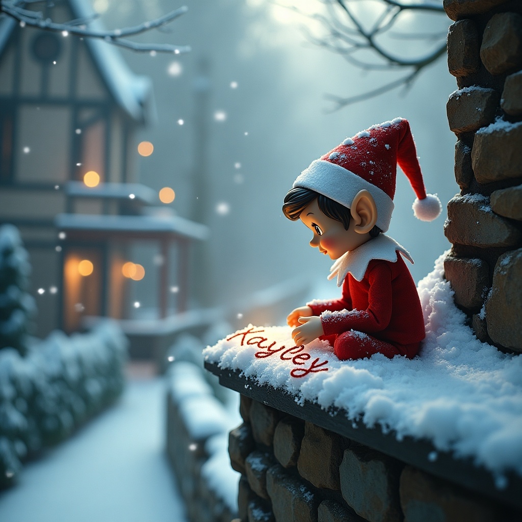 This enchanting scene features an elf on the shelf, cheerfully sitting on a snowy ledge and focused on writing the name 'Kayleigh' in the fresh snow. Soft snowflakes gently fall around the elf, adding to the magical winter ambiance. The background reveals a beautifully lit house, hinting at warmth and festive cheer. The elf, dressed in a classic red outfit and hat, adds a whimsical touch to the snowy landscape. This delightful image captures the spirit of the holiday season perfectly.