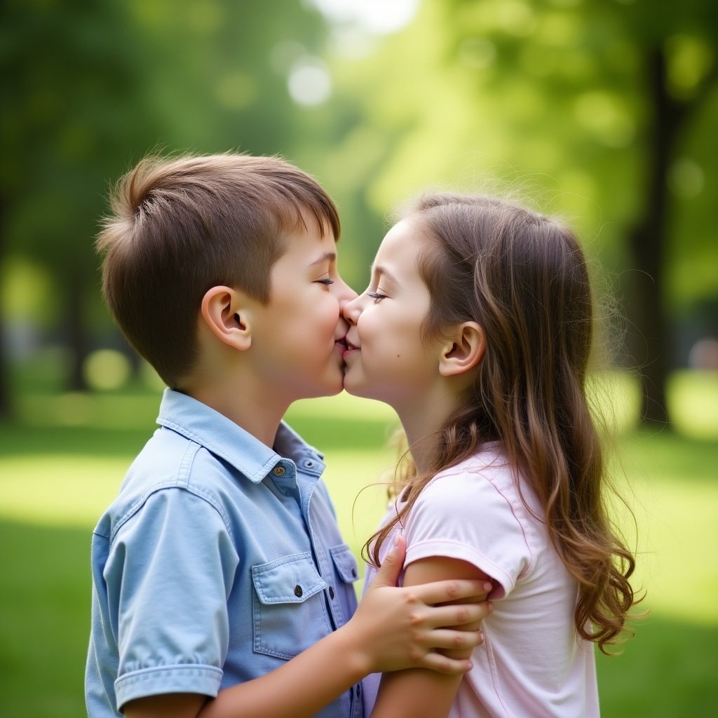 Young brother and sister share an affectionate moment outdoors. They lean in to kiss each other playfully in a lush green park setting.