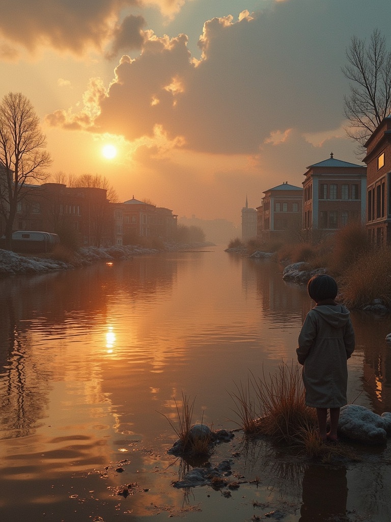 Child stands by canal at sunset. Soft light envelops scene. Buildings line the water. Tall grasses show in foreground. Reflection of golden sky on water.