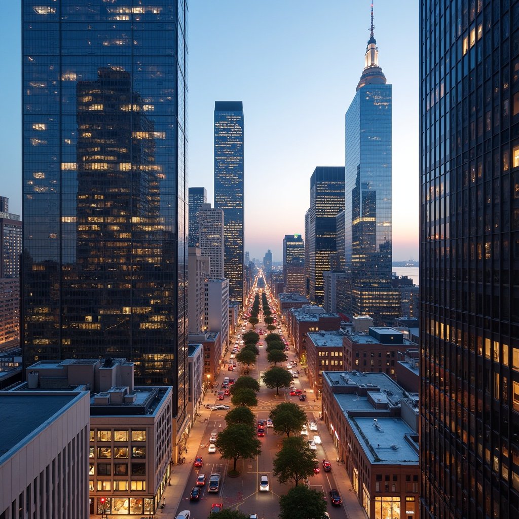 A view of the downtown area with skyscrapers and a main avenue. Evening light sets a warm tone. Streets lined with trees and vehicles moving.