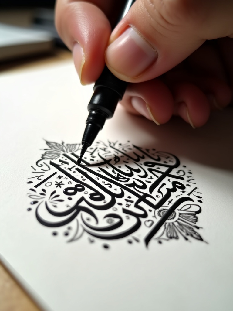 A hand writes Arabic calligraphy using a pen. Bold black ink flows on white paper. The hand remains steady and focused on the letters. Surrounding designs enhance the calligraphy. Soft lighting highlights the strokes. The words 'Alekya' and 'Khaleel' are created.