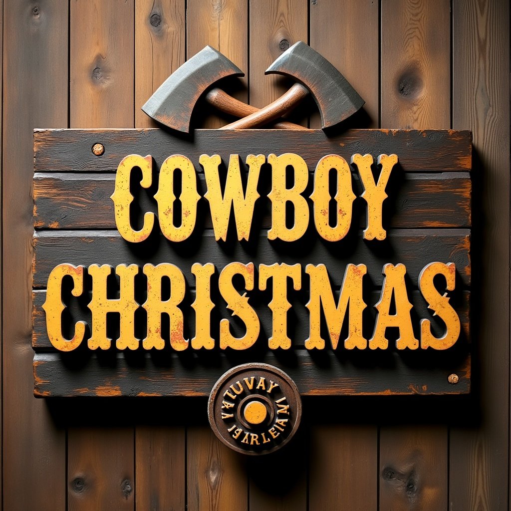 Rustic sign displaying Cowboy Christmas in bold wooden letters. Golden outlined lettering adds vintage aesthetics. Wood texture background features two crossed axes.