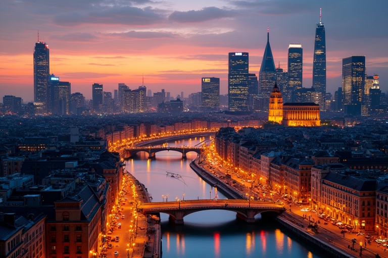 A sunset view of a city skyline with a river in the foreground. Buildings are illuminated with warm lights. Soft colors fill the sky and reflections appear in the water.