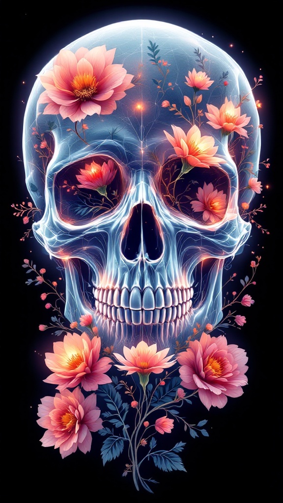 Vector design of a skull with floral elements. Skull is partially transparent. Glowing flowers and leaves emerge from the skull. Background is black. Highly detailed for t-shirt graphic.