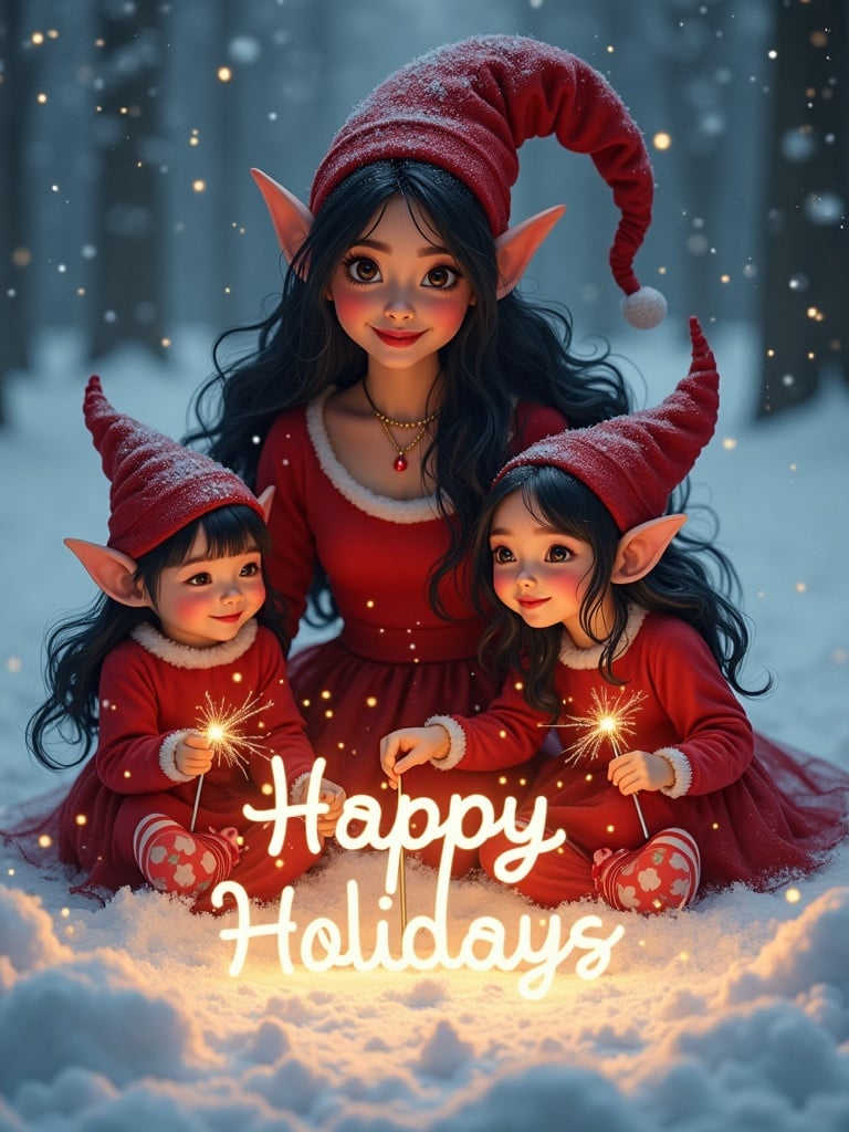 Lady elf and two little girl elves wearing red dresses and hats. They are holding sparklers in the snow. The text says Happy Holidays 2025.