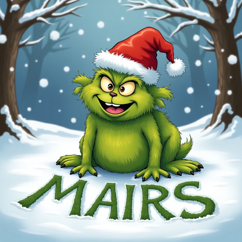 A green creature resembles the Grinch. It wears a red Santa hat. The creature joyfully writes 'MAIRS' in snow. Snowy trees and falling snowflakes surround.