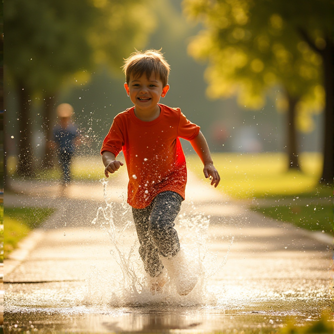 A young boy in an orange shirt runs through puddles on a sunlit path, smiling with joy.