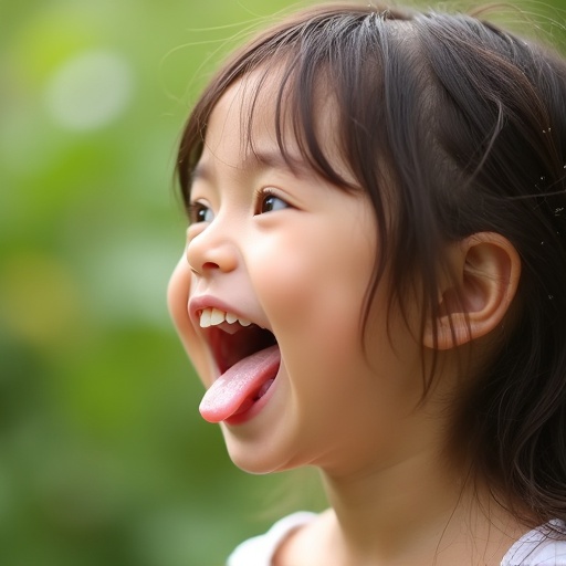 Image of playful girl with mouth open and tongue out. Joyful expression. Emphasis on natural environment with soft colors.