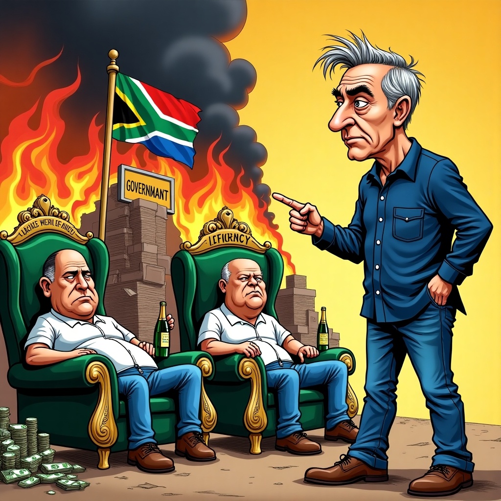 A satirical cartoon depicting the failure of South African governance. Emphasizes Rob Hersov confronting oblivious bureaucrats amid chaos. Rob is middle-aged, slender, with a prominent nose and light wavy hair. He wears a navy blue shirt and jeans, standing assertively pointing at bureaucrats. The bureaucrats are overweight with exaggerated features, lounging in lavish chairs surrounded by money and luxury items. Background depicts flames and crumbling infrastructure, including a burning South African flag.