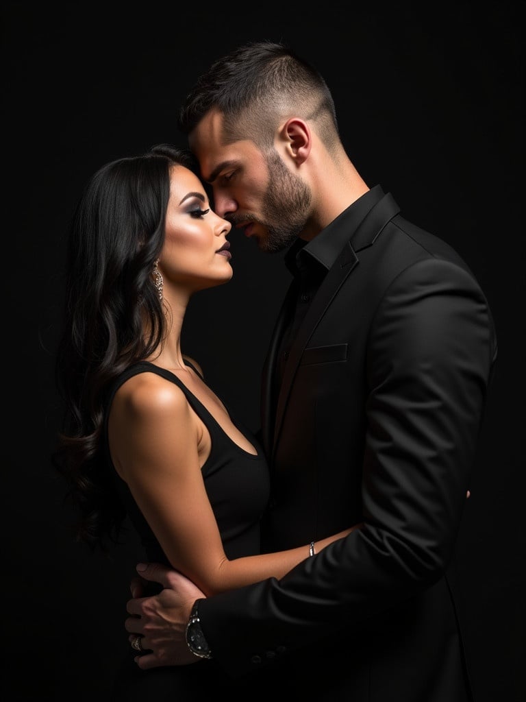 Striking image depicting a couple embracing in a close and intimate gesture. Woman has long dark hair and dramatic makeup. Man has a rugged appearance and short hair. Both are wearing elegant black attire. The photo captures a moment of near-kiss and sophistication.