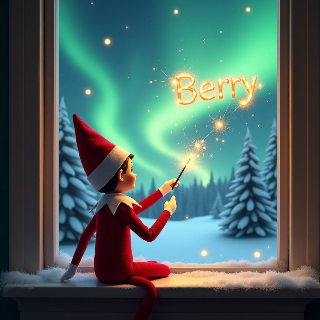 An adorable elf sits on a window ledge wearing a red outfit. The elf faces away while looking up at northern lights. A magic wand in its hand creates sparks spelling Berry. The background shows a winter scene with snow-covered pine trees.