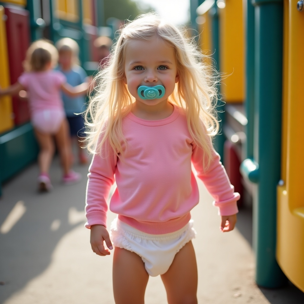 A young girl stands at a playground, joyfully playing. She has long blond hair and emerald green eyes. Dressed in a long sleeve pink t-shirt, she also wears a diaper underneath. Her pacifier dangles from her mouth, and she appears happy and carefree. In the background, other children can be seen playing, making the scene lively and cheerful.