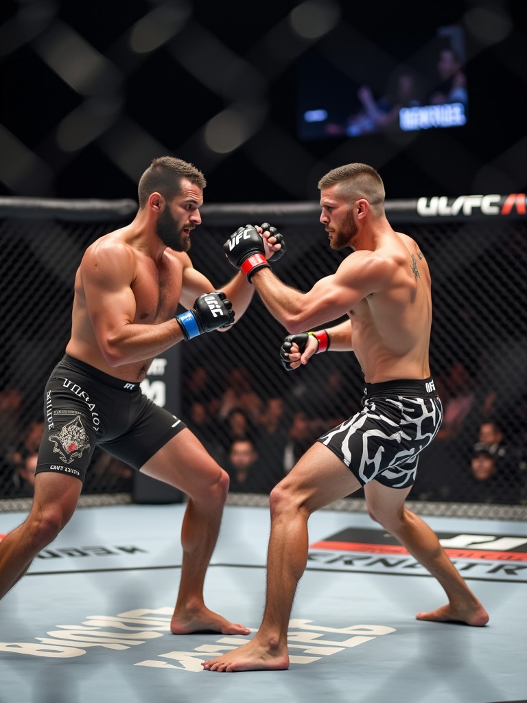 UFC fighters in the octagon engaging in a fight. Fighters are in Ternitz combat stance. Action is intense. Focus on their posture and readiness for combat. The venue is the Mehrzweckhalle.