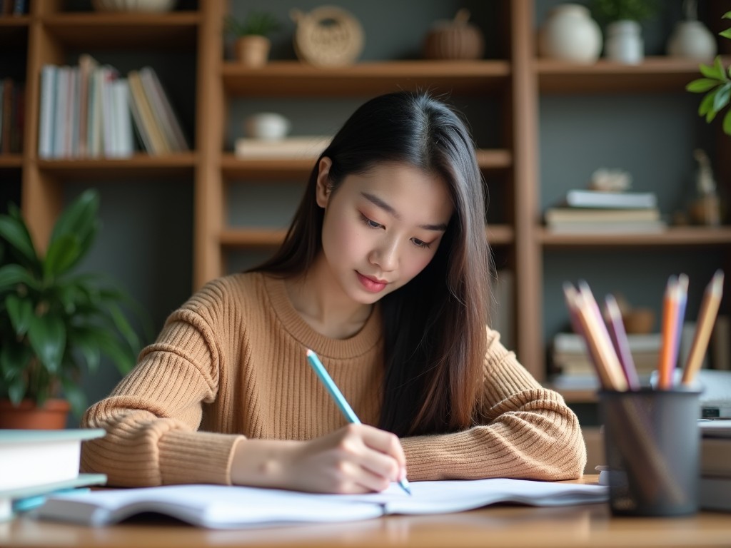 An image of a young woman studying at a desk filled with books and stationery, in a cozy room with a bookshelf and plants in the background.