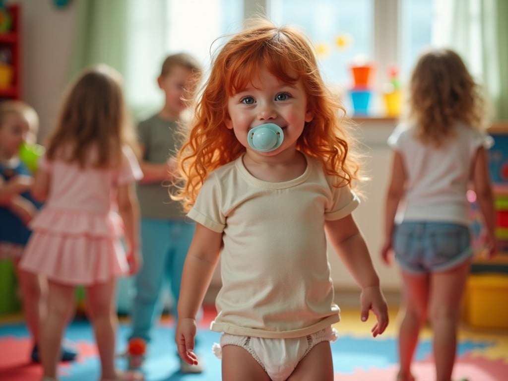 The image features a seven-year-old girl with long red hair wearing a diaper and a t-shirt, smiling at the camera with a pacifier in her mouth. She is in a colorful daycare setting, surrounded by other children. The atmosphere is playful and joyful, highlighting a typical day in a childcare environment. Other kids are engaged in various activities in the background. The setting is brightened by soft, natural light coming through a window, enhancing the cheerful vibe of the scene. The overall composition emphasizes innocence and the joy of childhood play.