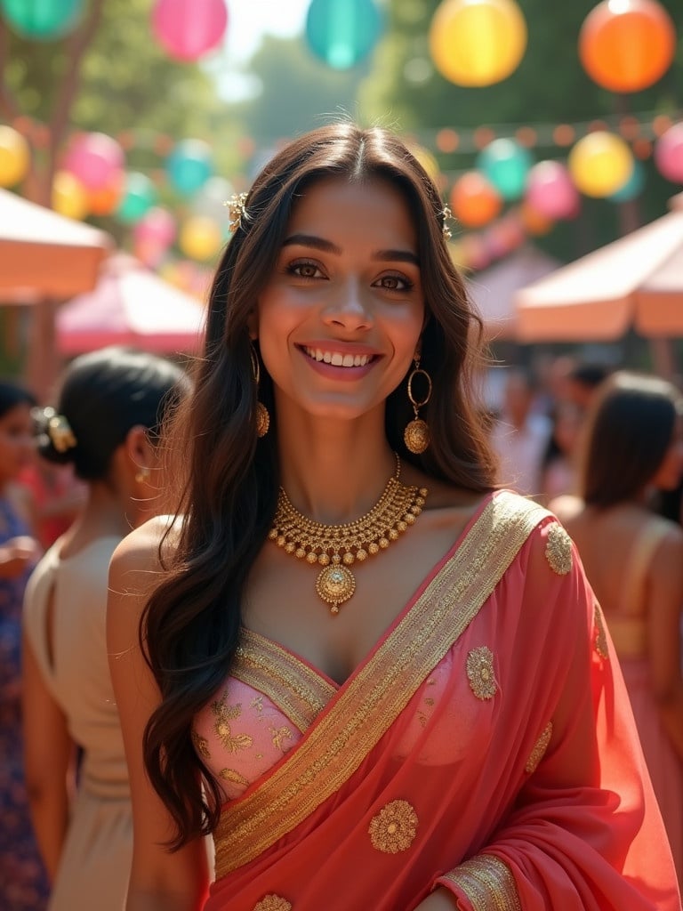 Stunning young girl standing tall in traditional Indian saree with flowing pallu. She radiates joy amidst a colorful outdoor celebration with string lights and guests. Bright sunlight adds warmth to the scene. Elegant golden jewelry complements her graceful attire.