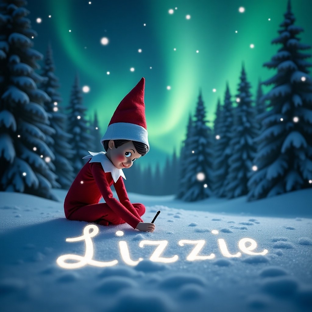 An elf from the popular Elf on the Shelf tradition is nestled in a snowy landscape, using a magical pen to write the name 'Lizzie' in delicate cursive letters in freshly fallen snow. The scene is illuminated by vibrant northern lights dancing across the sky in shades of green and blue, creating a whimsical atmosphere. The elf, with its charming attire of a red cap and playful expression, embodies the spirit of Christmas. Pine trees are scattered in the background, adding to the enchanting winter wonderland. This magical moment captures the joy of the holiday season and the special connection to the name Lizzie.