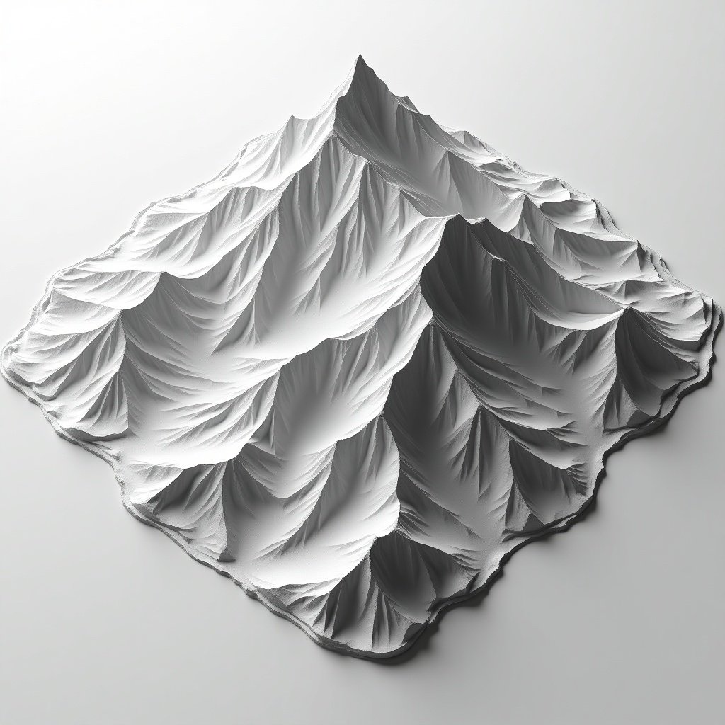 A topological map representing a mountain range in greyscale. Brightness indicates elevation levels.