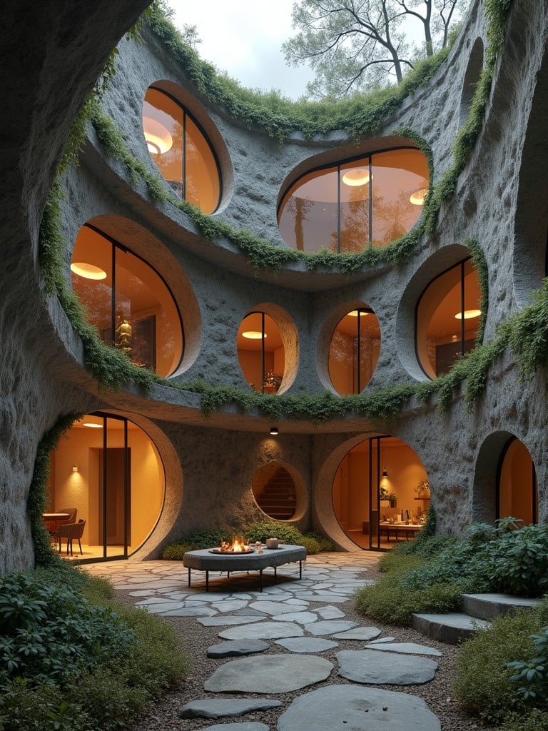 A modern underground house designed with a unique circular shape. It features multiple floors that blend with nature. Circular windows provide light and views of plants. An interior courtyard is present. The design emphasizes sustainability and innovation.