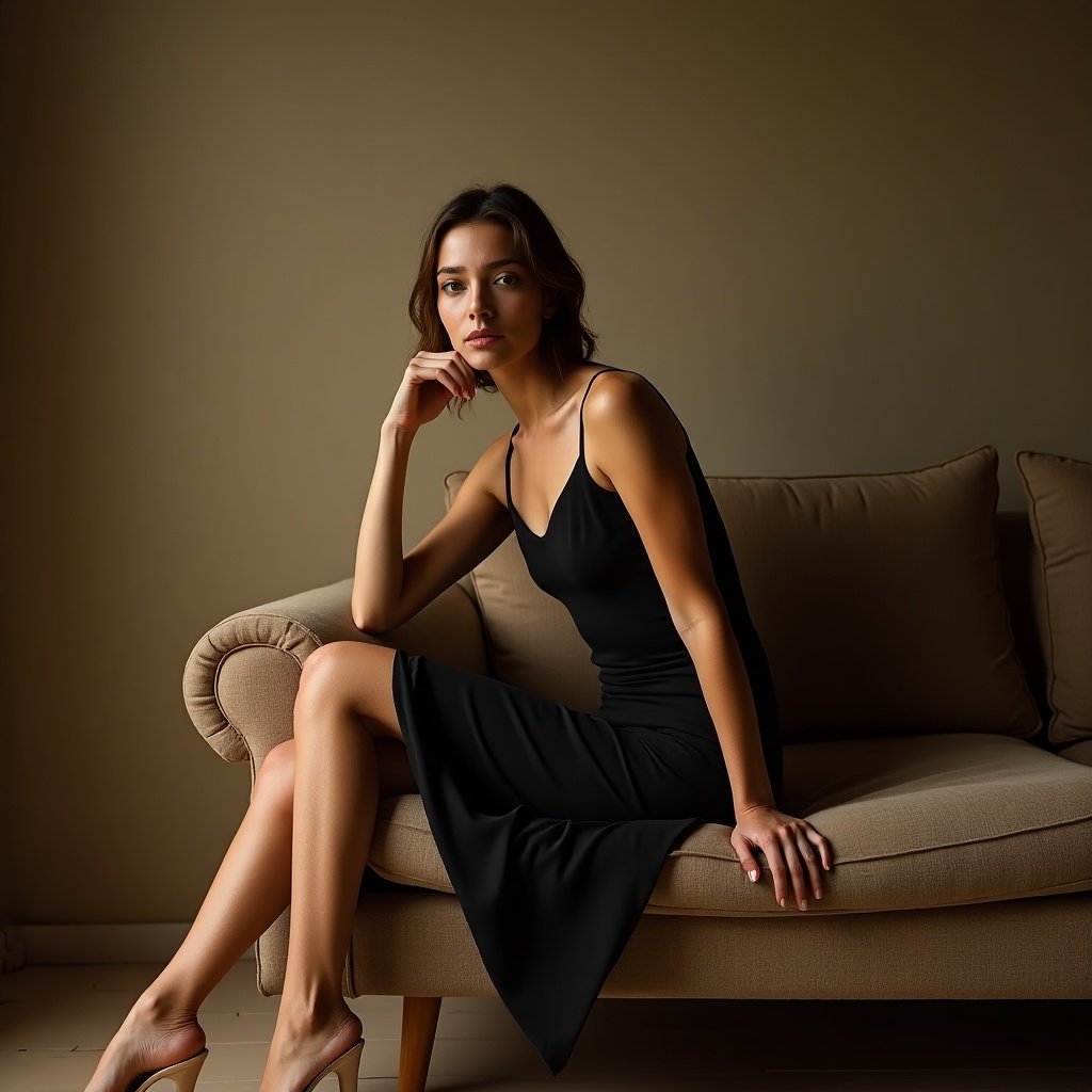 Professional photograph featuring a woman in a short black dress sitting on a sofa. Natural earth tones dominate the muted palette. Low angle perspective enhances the visual impact. Strong hard light creates dramatic shadows while maintaining softness.