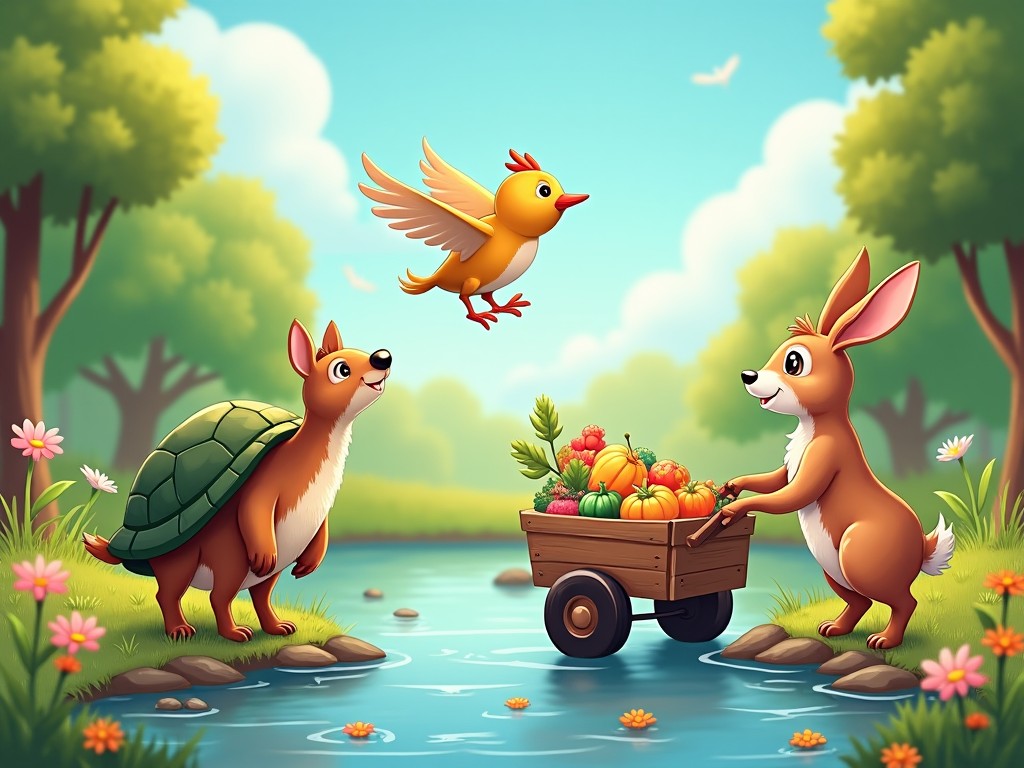 A whimsical scene features a rabbit and a turtle by a peaceful stream. The rabbit joyfully pulls a wooden cart filled with colorful fruits and vegetables. Above, a cheerful yellow bird flies playfully. Lush greenery surrounds them, creating a vibrant nature setting. Flowers bloom around the water's edge, adding to the joyful atmosphere.