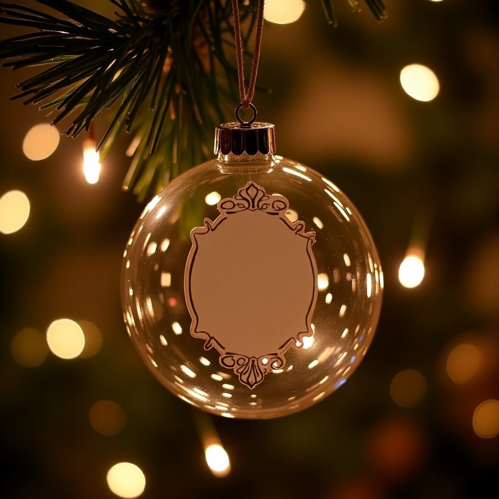 Clear Christmas bauble hangs on a tree branch. Bauble is blank for logo placement. Twinkling Christmas lights create a magical feel. Background is softly blurred with colorful lights.