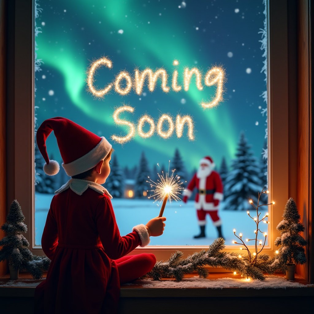 Elf faces a window holding a glowing wand. Writes 'Coming Soon' in sparkles. Outside, Santa stands in snowy landscape with northern lights. Scene radiates Christmas magic with decorations on window sill.