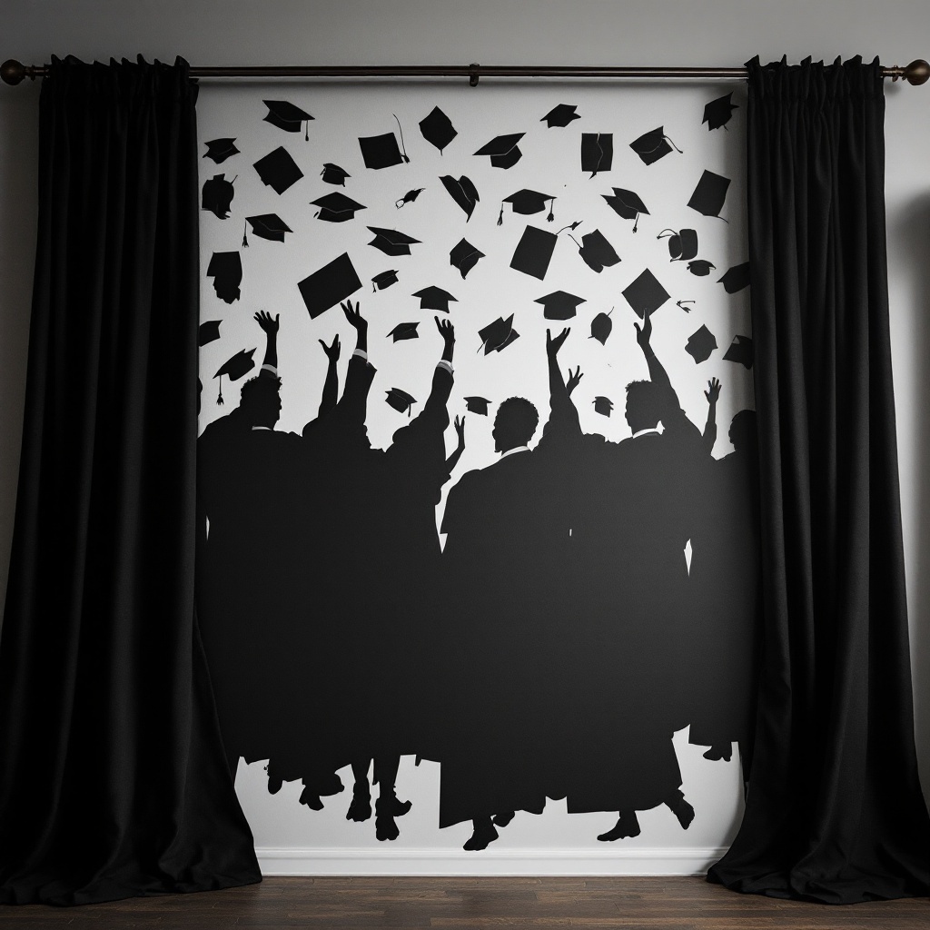 This image features a dramatic wall display of silhouettes depicting African American graduates celebrating their achievement. The graduates are shown tossing their caps into the air, symbolizing freedom and success. The striking contrast against the black drapes enhances the festive mood. This artwork can be utilized as a backdrop for graduation ceremonies or educational events. Its bold design makes it an eye-catching centerpiece, perfect for celebrating academic accomplishments.