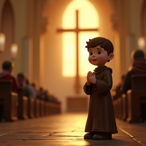 A cute figurine of a young monk stands joyfully in a gentle prayer pose. A congregation is seen sitting in a church. A large illuminated cross is displayed at the front of the church.