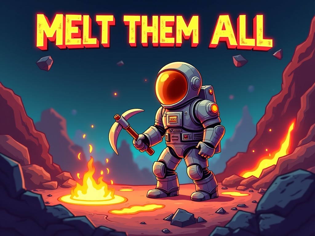 Astronaut in a futuristic suit holding a pickaxe, standing in a rocky landscape with molten elements, with the text 'MELT THEM ALL'.