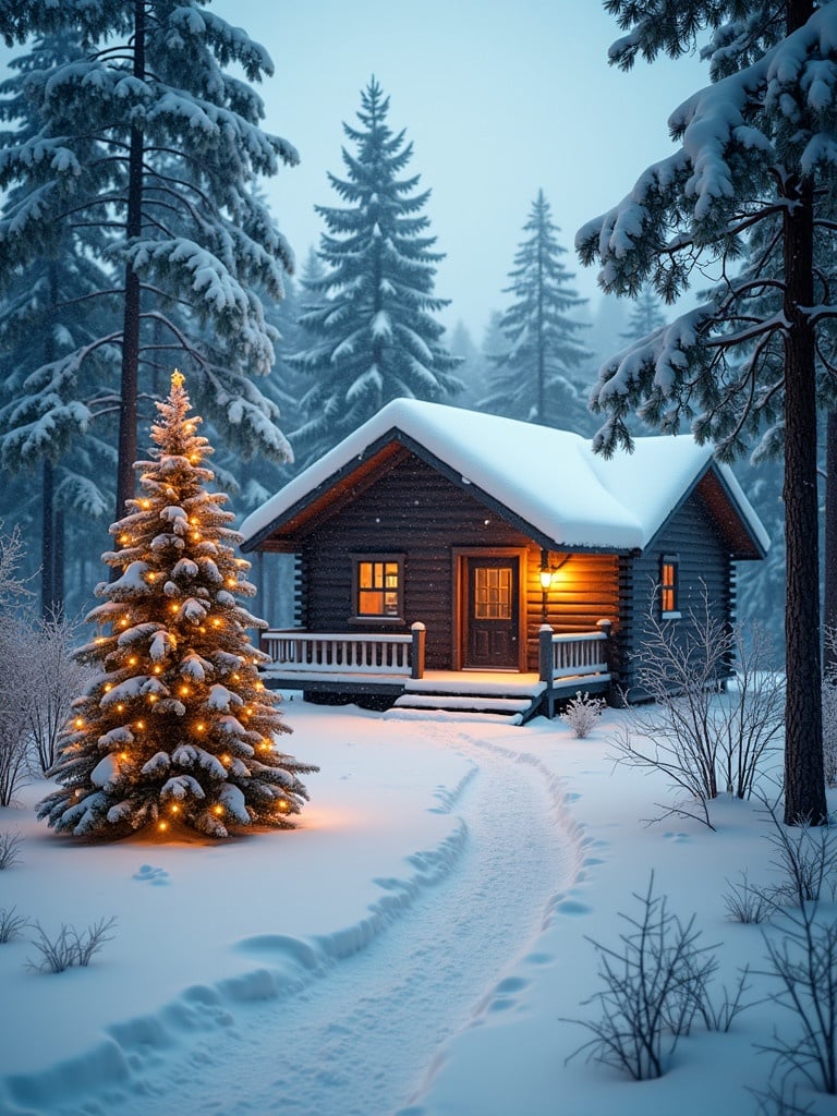 Serene Christmas scene features cozy cabin surrounded by snow-covered pine trees and decorated Christmas tree